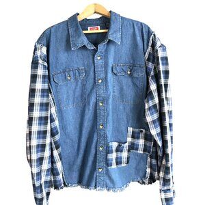 Upcycled Denim Plaid Flannel Jean Jacket, Boho Patchwork Shirt Plus Size XL - 2X